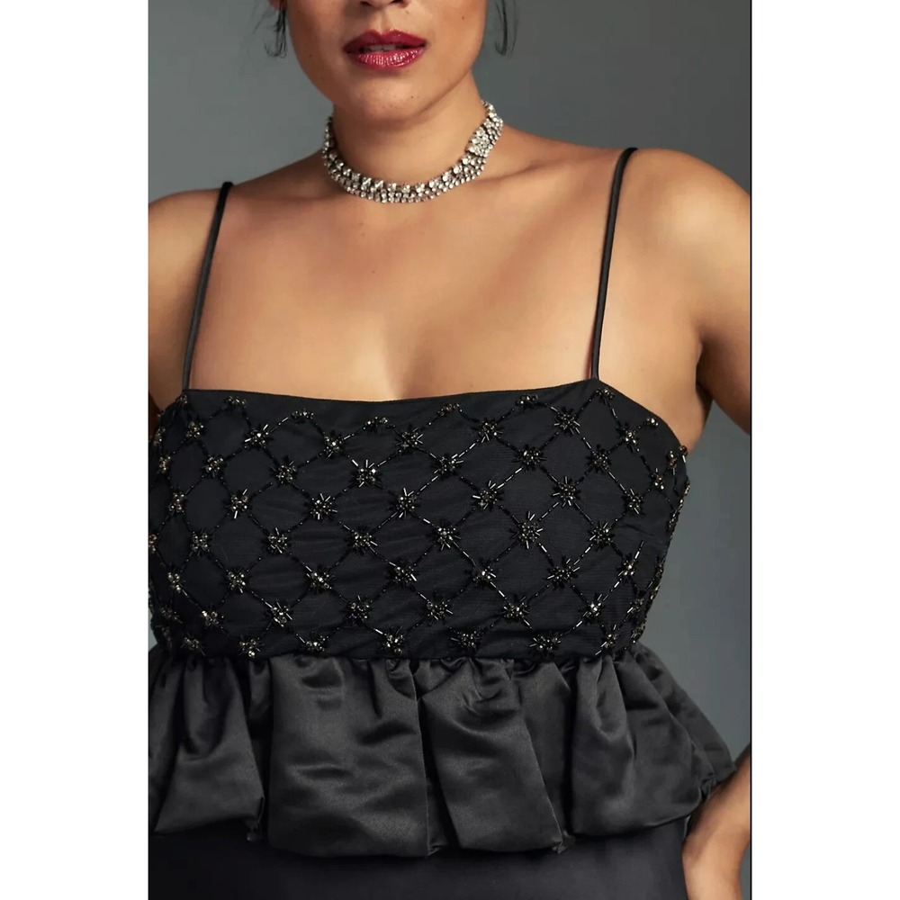 By Anthropologie Womens Beaded Satin Crop Tank Size 2X Black Whimsigoth Vampcore